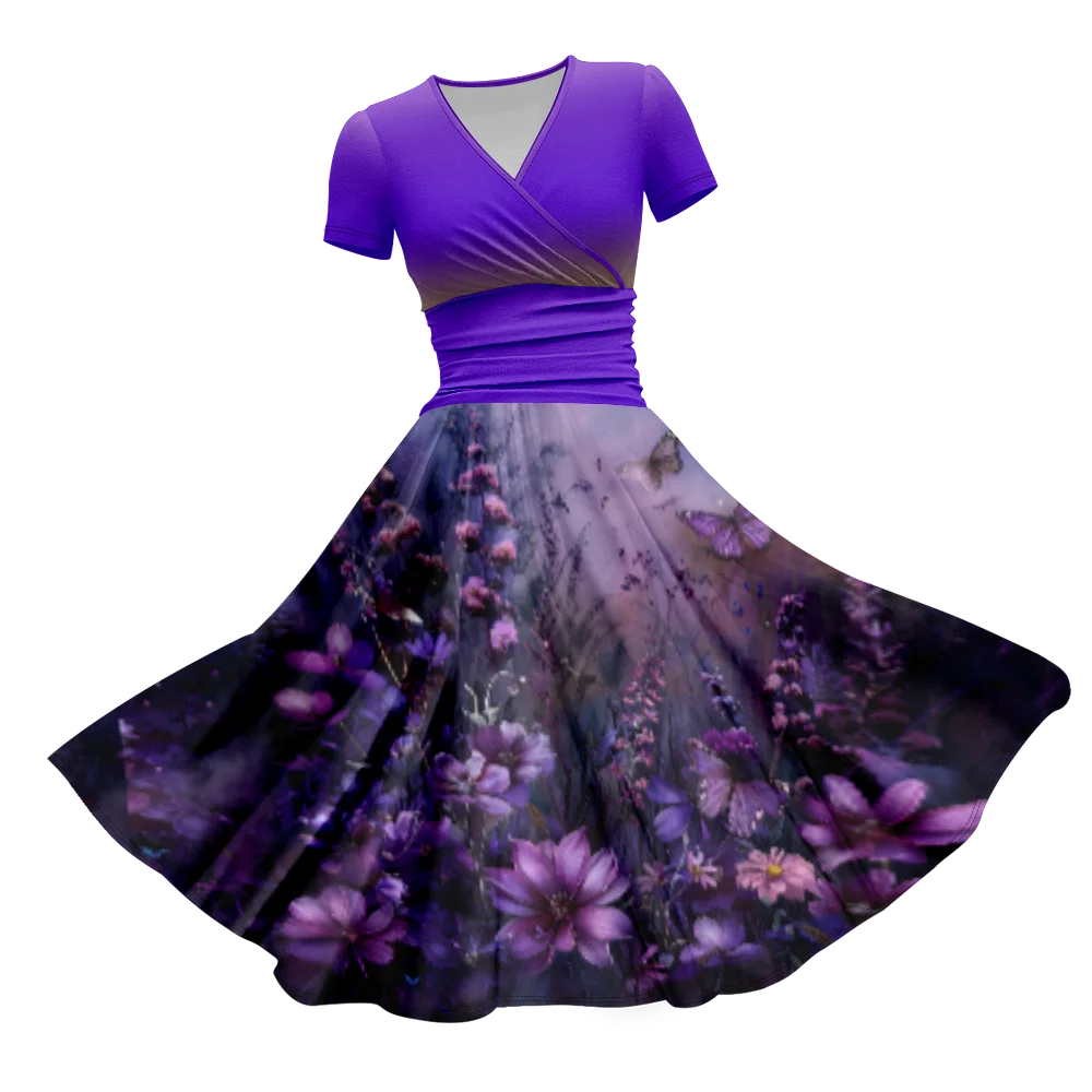 Brilliant Colour Little Flower Field Fresh Floral Print Elegant Dresses Short Sleeve V-Neck High Waist Swing Dance Party Dress