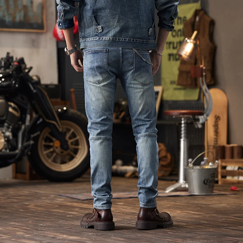 Men's Jeans Vintage Splicing Machine Car Style Fashion Brand Slim Fit All-Matching Men's Clothing Stretch High-End Punk Tappered