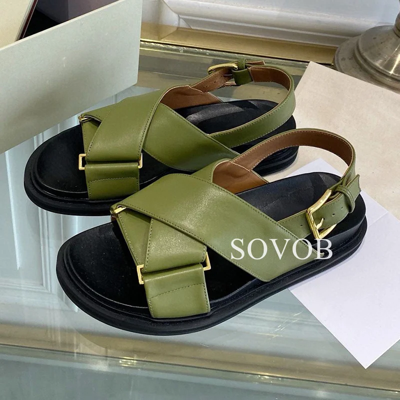 Summer Genuine Leather Thick Soled Flat Sandals Women Fashionable Minimalist Roman Sandalias Daily Vacation Versatile Single Sho