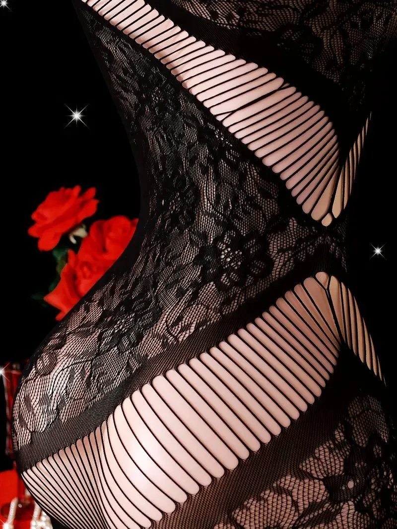 One Shoulder Sexy Loophole Open Bras Bodysuits Erotic Crotchless Lingerie Women Mesh Hollow Mini Dress Black Plus Size Underwear view 5