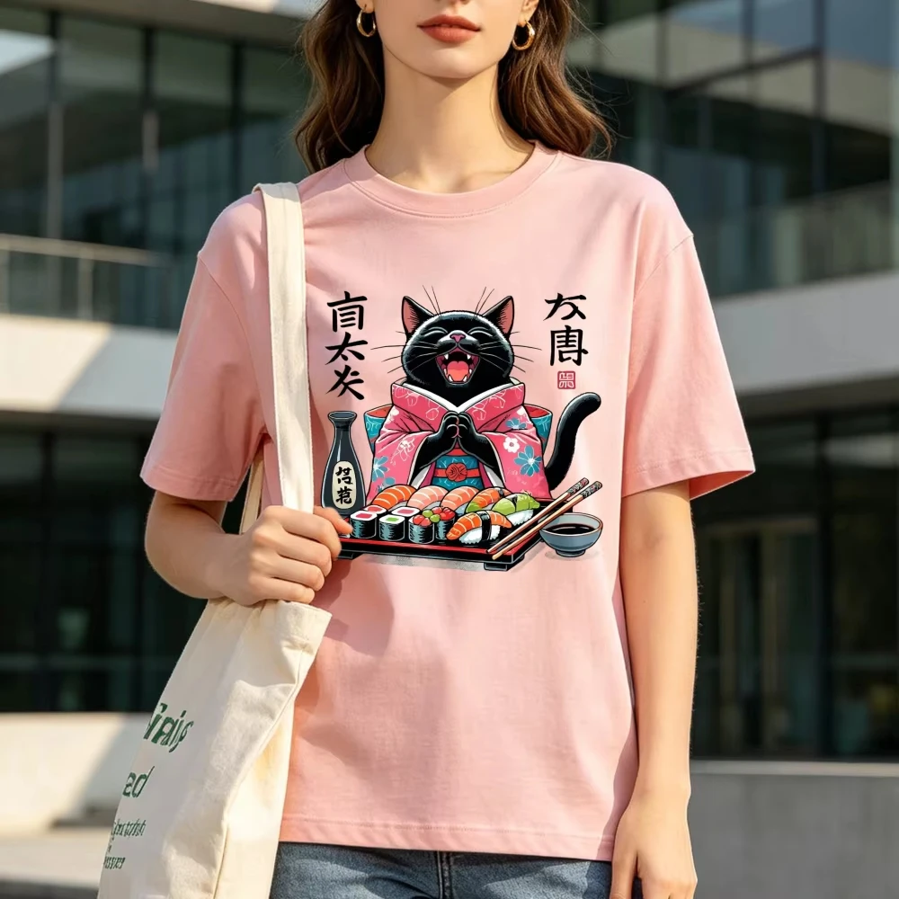 Sushi Loving Cat Graphic Tee Japanese Style Black Kitten Kawaii Food Lover Gift Women Men Fashion Top Cotton Short-sleeve