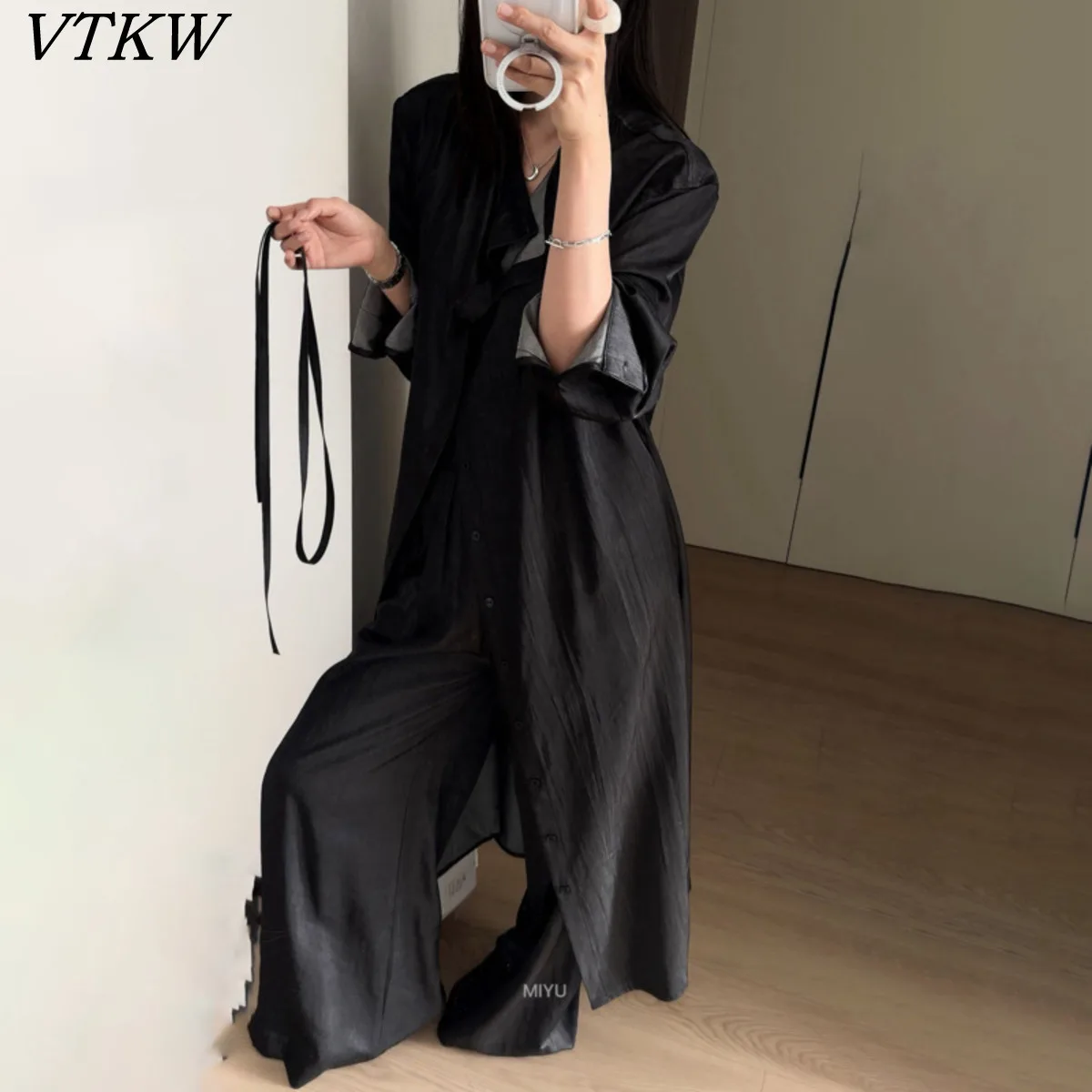 

VTKW 2026 New Arrival Women Two Piece Set Longline Button Down Dress Satin Texture Self Tie Waist Wide Leg Trousers Outfit