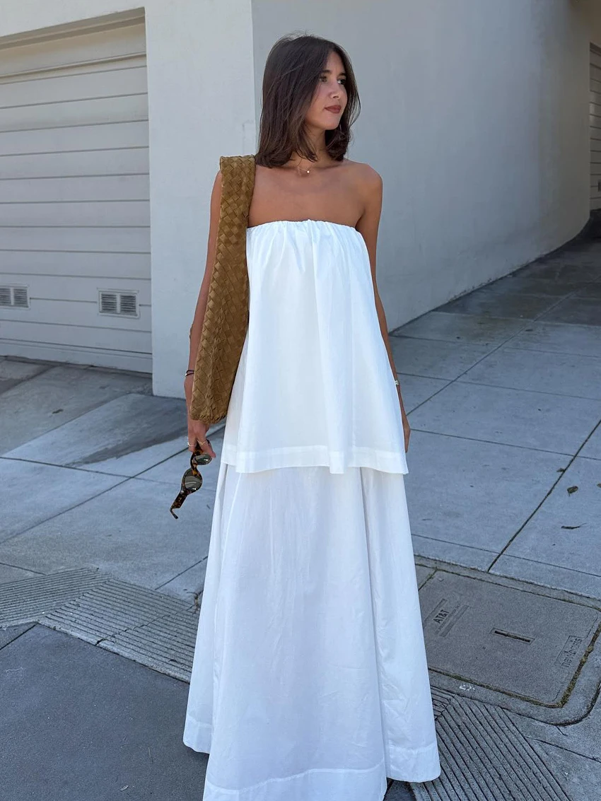 Marthaqiqi Cotton Ladies Nightgown Set Slash Neck Pajamas Tank Tops Nightwear Backless Sleepwear Long Skirts Casual Nightie Suit