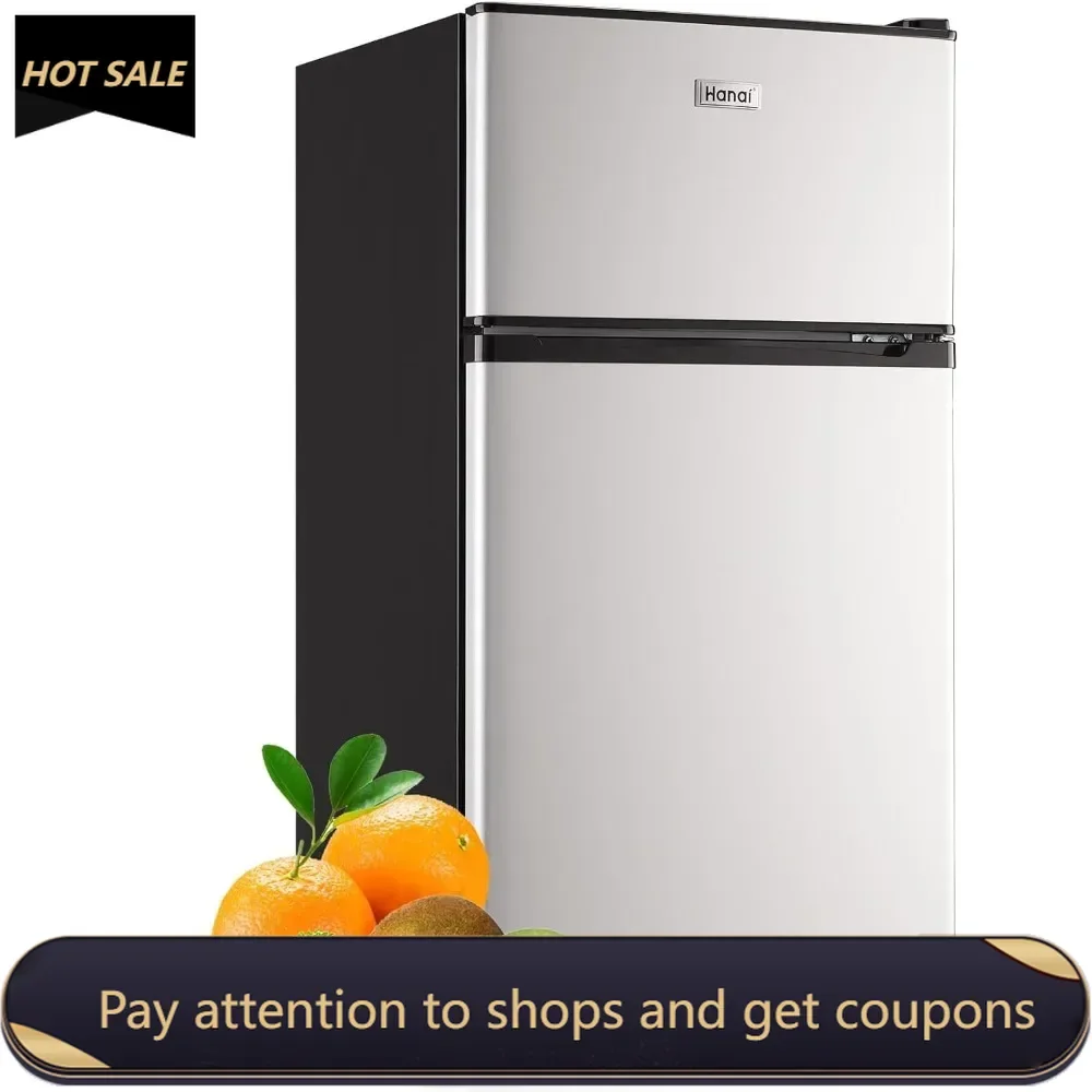 

Refrigerator 3.5 Cu.Ft Refrigerator with Freezer, Retro Fridge with Dual Door,7 Adjustable Thermostat, Office Bedroom, Silver