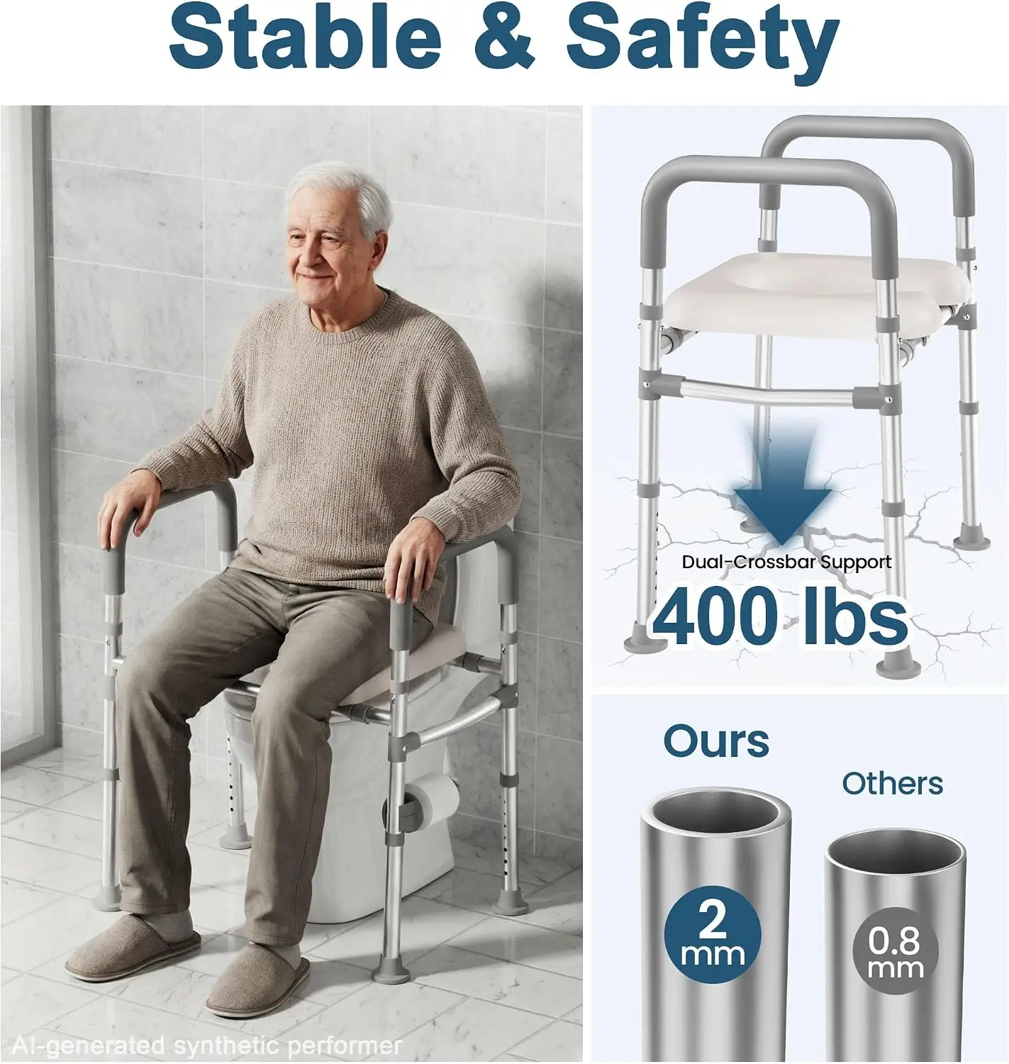 HOMLAND Toilet Seat Risers for Seniors with Handles, Dual-Crossbar, 400lb | Adjustable Height and Width, Padded Seat, Aluminum R