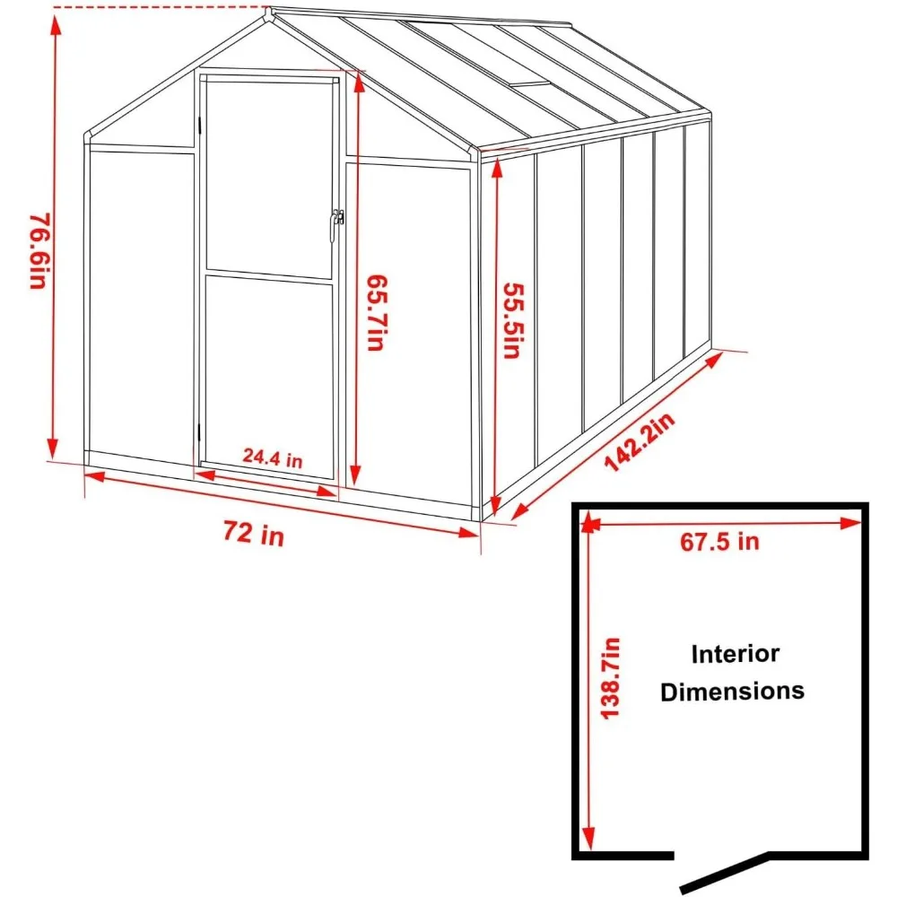 6x12FT Greenhouse with Lockable Door and Adjustable Roof Vent, Polycarbonate Aluminum Walk-in Greenhouse