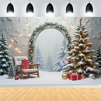 

Christmas New Year Clock Decor Backdrop Photography Vintage Xmas Trees Gifts Snow Winter Indoor Photo Studio Background BY-56