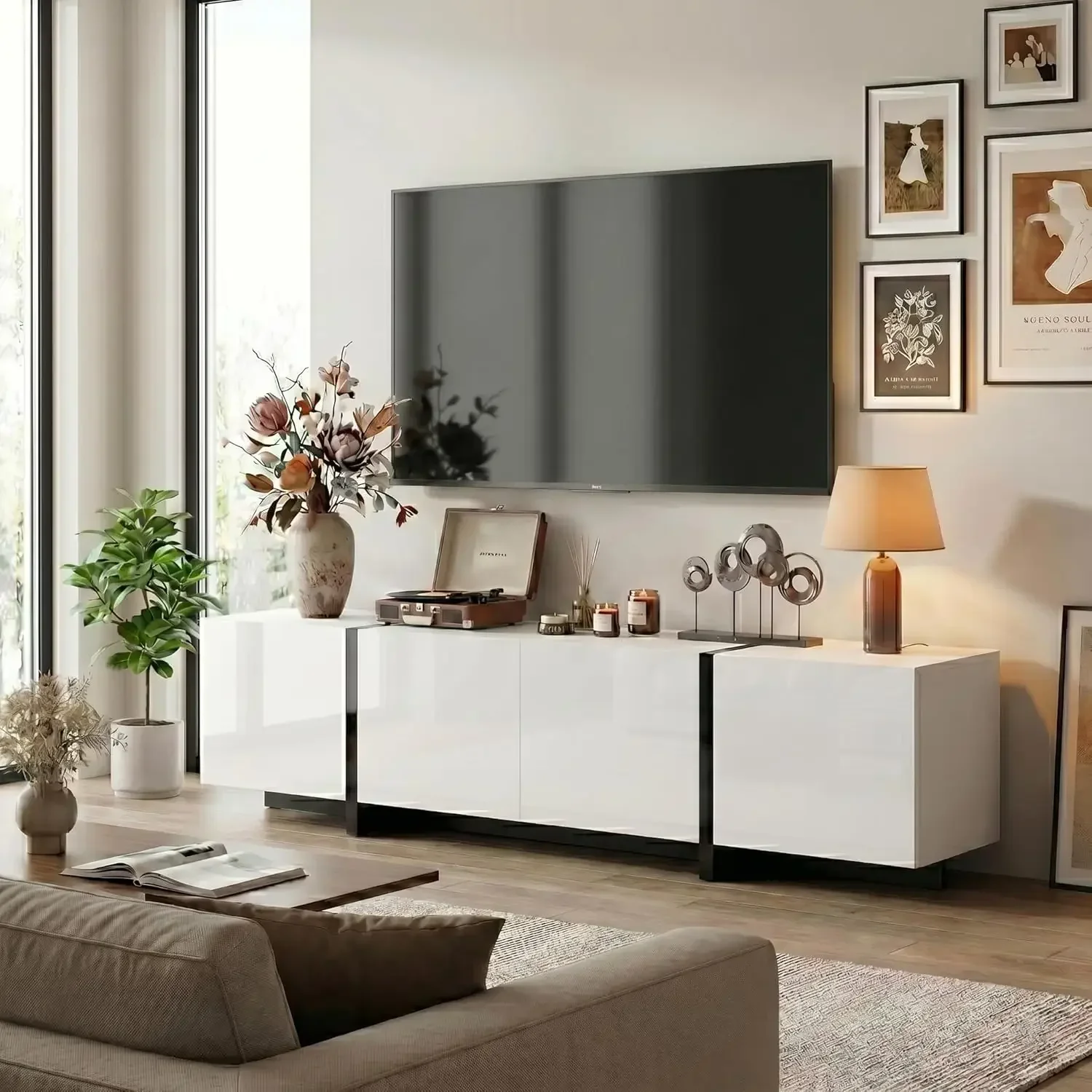 Gloss Cabinet Media Console Entertainment Storage Center Cable Management Matte Top