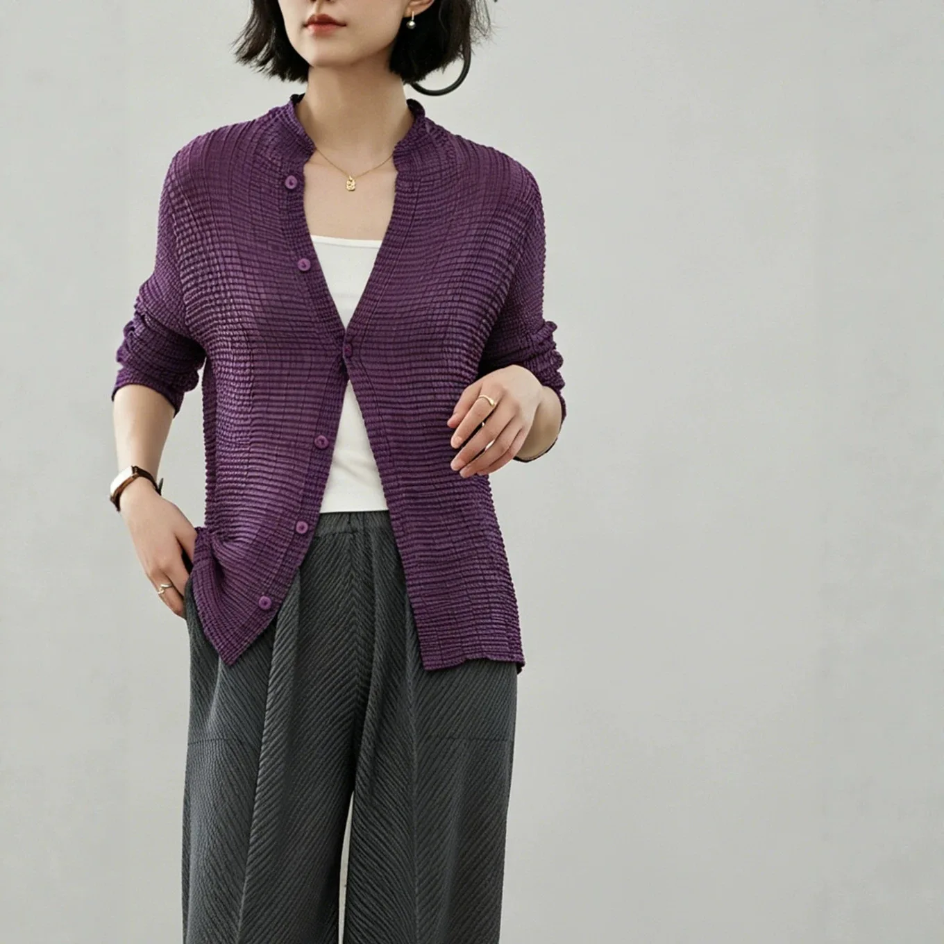 2026 Spring/Autumn New Style Stand Collar Single-Breasted Loose Slimming Cardigan, Versatile for Commuters, Miyake Jacket