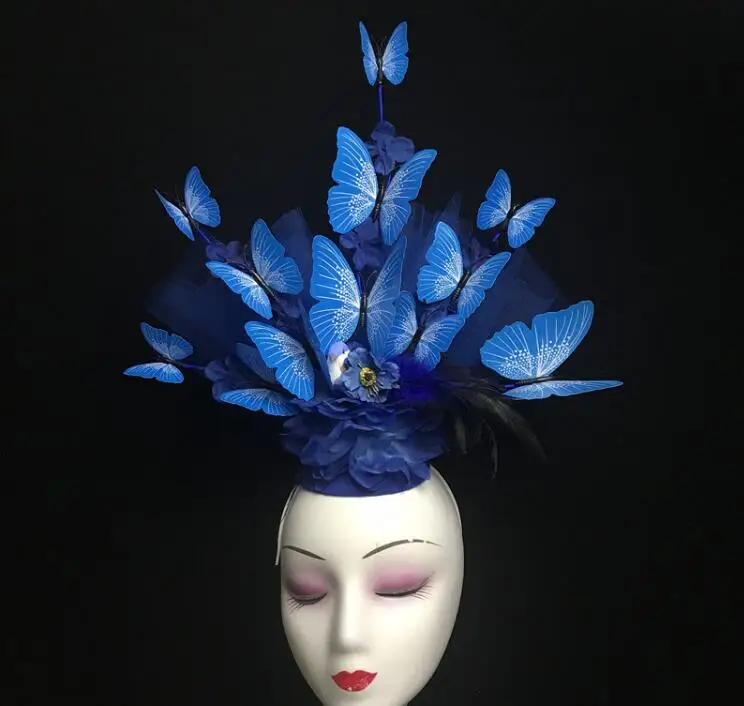 

Handmade Chinese Style Blue Porcelain Feather Butterfly Headdress Stage Dance Women