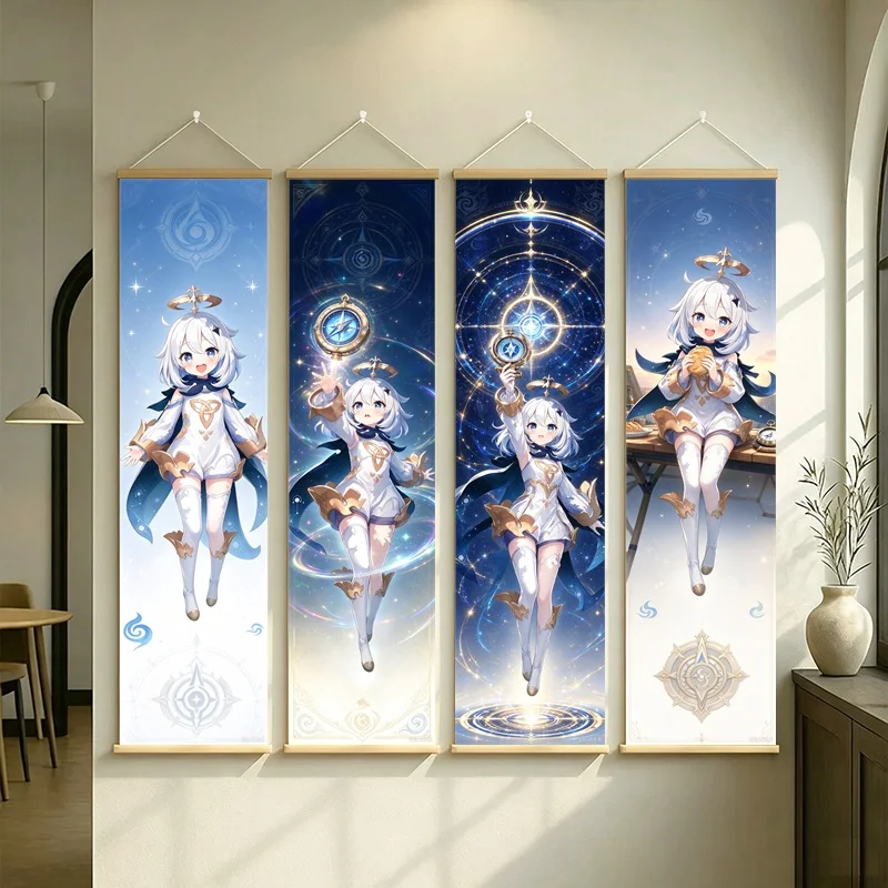 Hanging Scroll Wall Art of Genshin Impact Paimon with Blue Celestial Glow on Silver Shimmer Canvas for an Anime Bedroom