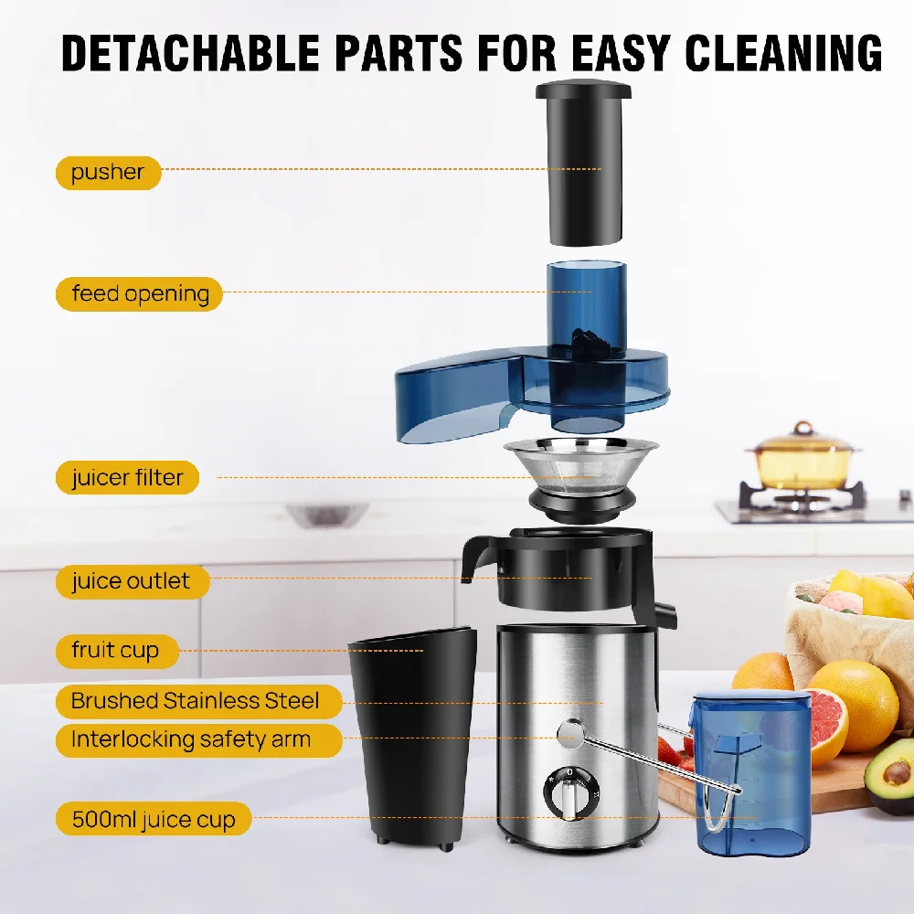 Large Chute Juicer Machine 2-Speed Centrifugal Extractor for Fruits Vegetables Citrus 500ML Capacity, Easy To Assemble & Clean