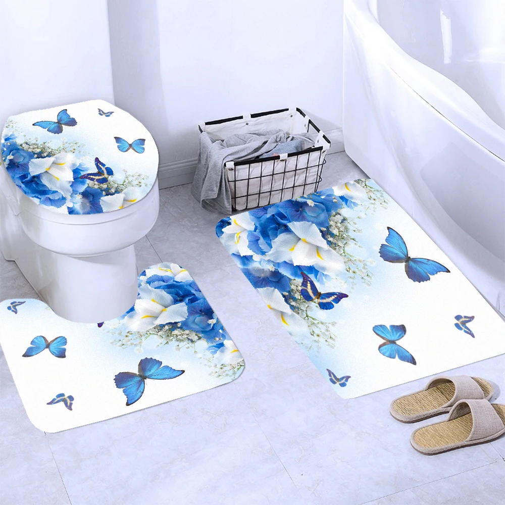 Waterproof Bathroom Shower Curtain Beautiful Blue Flower Butterfly Bath Curtain Sets Toilet Cover Non-Slip Mat Rug Carpet Decor