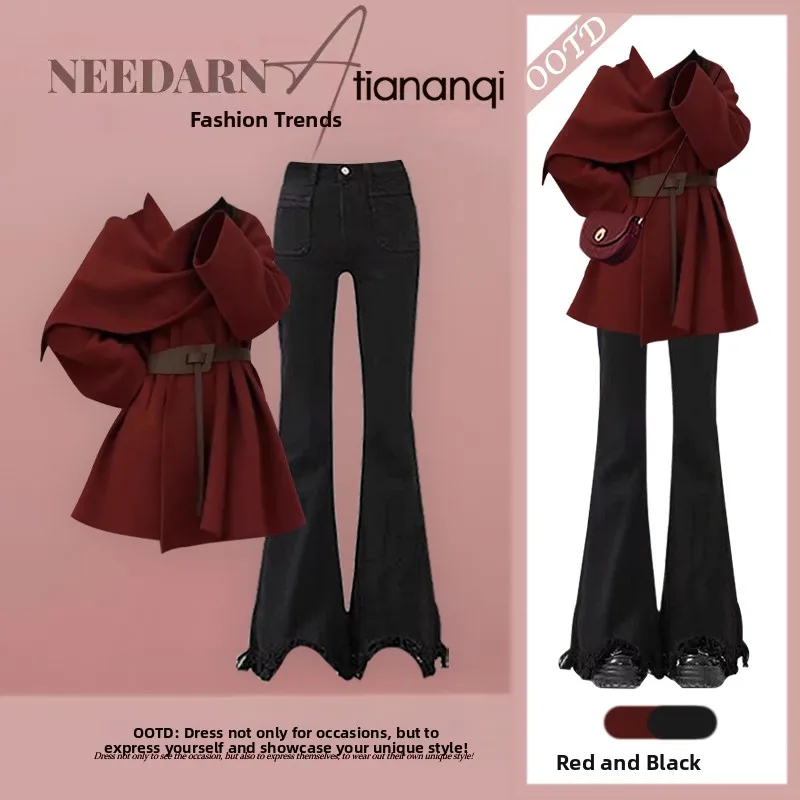 

Faionable Autumn Winter Women's Set Loose Slimming Cloak Sweater Jaet with High Waist Jeans Two Piece Set Ele Sle