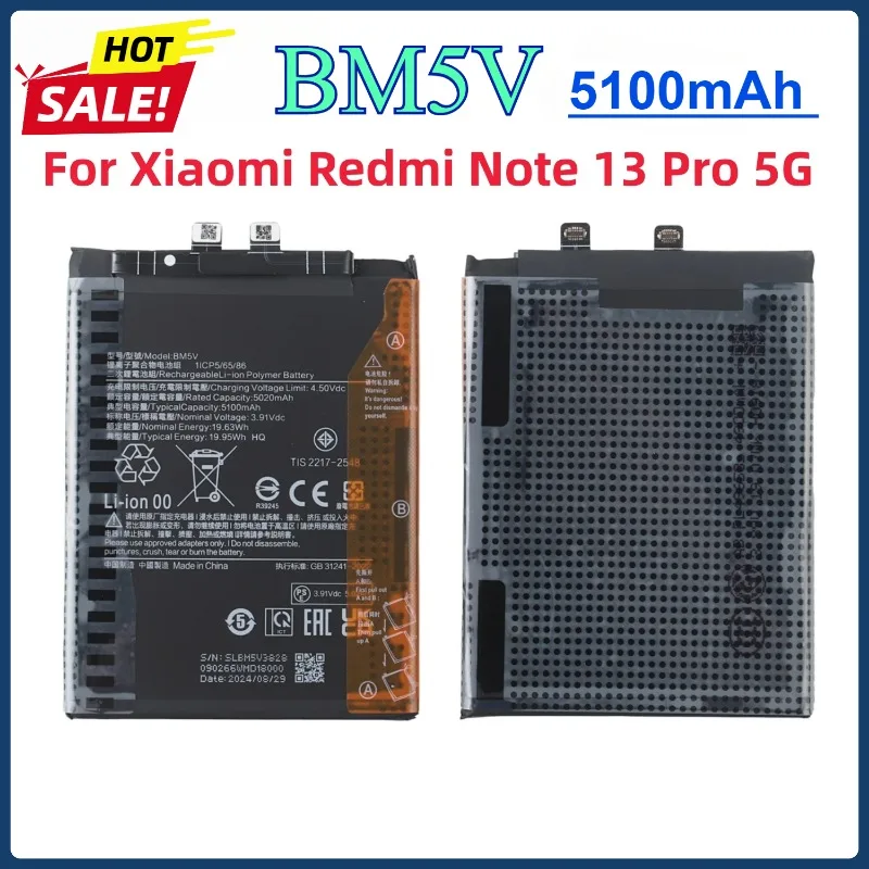 2PCS 5100mAh Replacement Battery BM5V For Xiaomi Redmi Note 13 Pro 5G Phone Battery High Quality Batteries