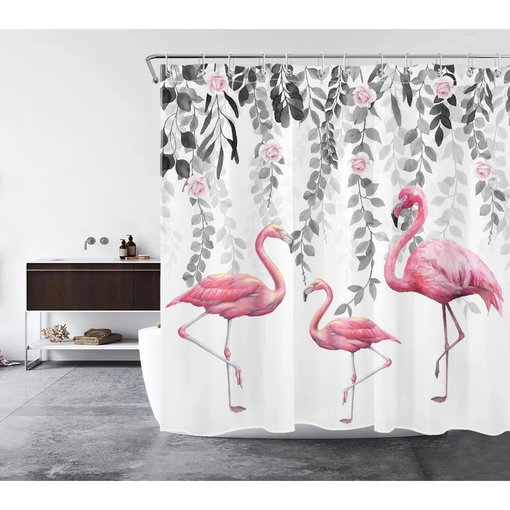 ม่านอาบน้ำฟลามิงโกสีชมพู ใบไม้สีเทา กุหลาบสีชมพู ม่านอาบน้ำลายดอกไม้สำหรับห้องน้ำ ชุดม่านอาบน้ำนกเขตร้อน กันน้ำ