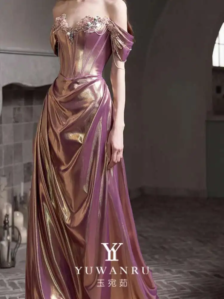 Nieuwe Paarse Avondjurk Geavanceerd Gevoel Licht Luxe Banket Party Worden Verloofd Toast Pak Rok Vrouwelijke Vrouwen Off Schouder