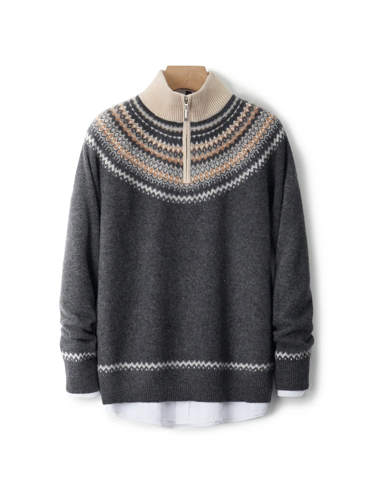 Sweater Rajut Jacquard Kotak-kotak Gaya Fair Isle Musim Gugur Musim Dingin yang Chic, 100% Wol Merino, Kerah Setengah Tinggi, Ritsleting, Pakaian Pria