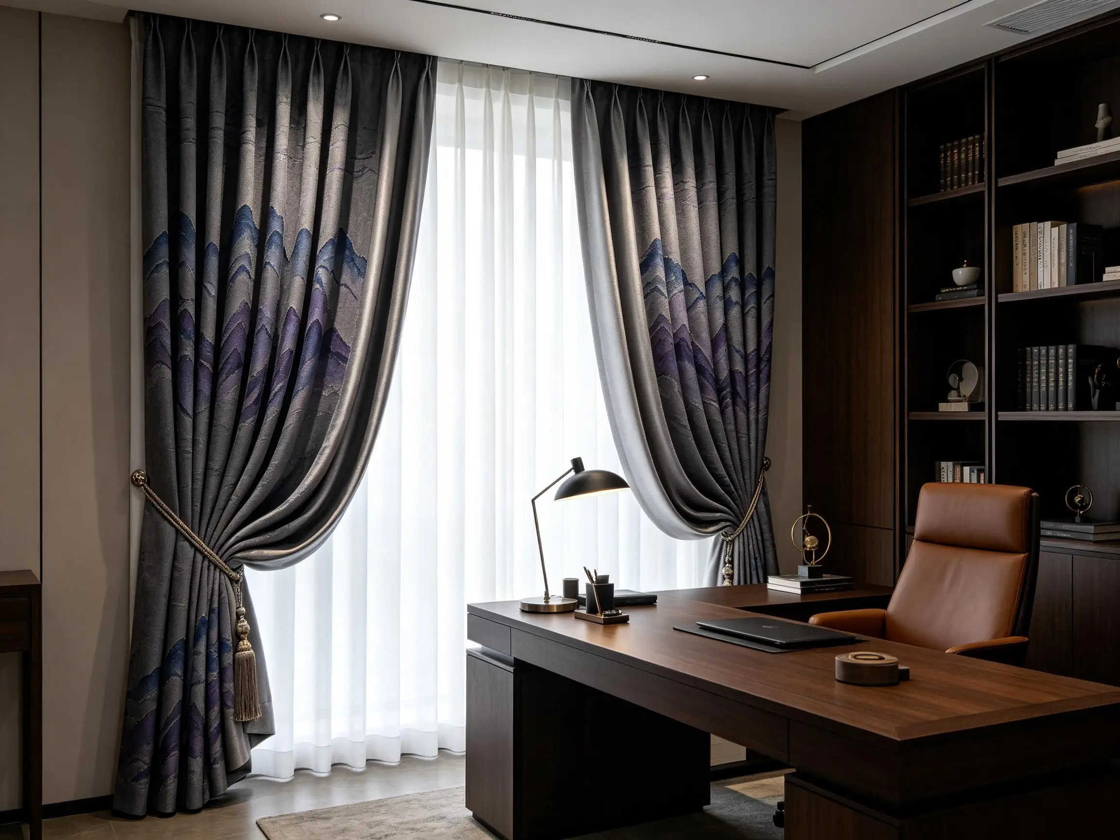 200229   Charcoal gray blue purple mountain shaped pattern three-layer blackout curtain