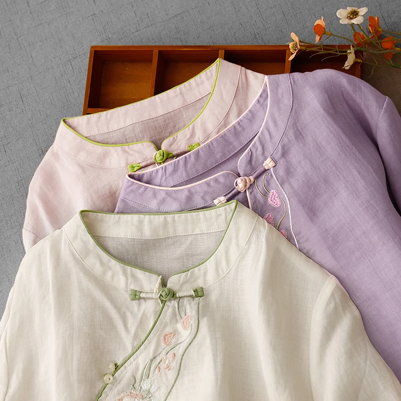 Nova Csa Estilo Mamãe de Verão, Bordada, em Mistura de Aodão e Linho, Manga Cinco-Quartos, Gola Alta, Top Casual de C...