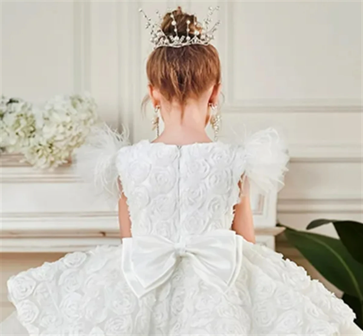 Robe de fille à fleurs blanches en tulle avec appliques 3D, jupe de mariage mignonne, première communion de princesse pour enfant, robe de fête d'anniversaire