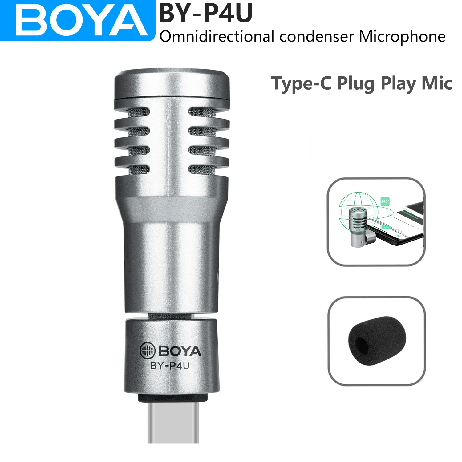 BOYA BY-P4U Omnidirectional Condenser Microphone for Android Smartphone Tablet Plug and Play Microphone for Video Recording Vlog