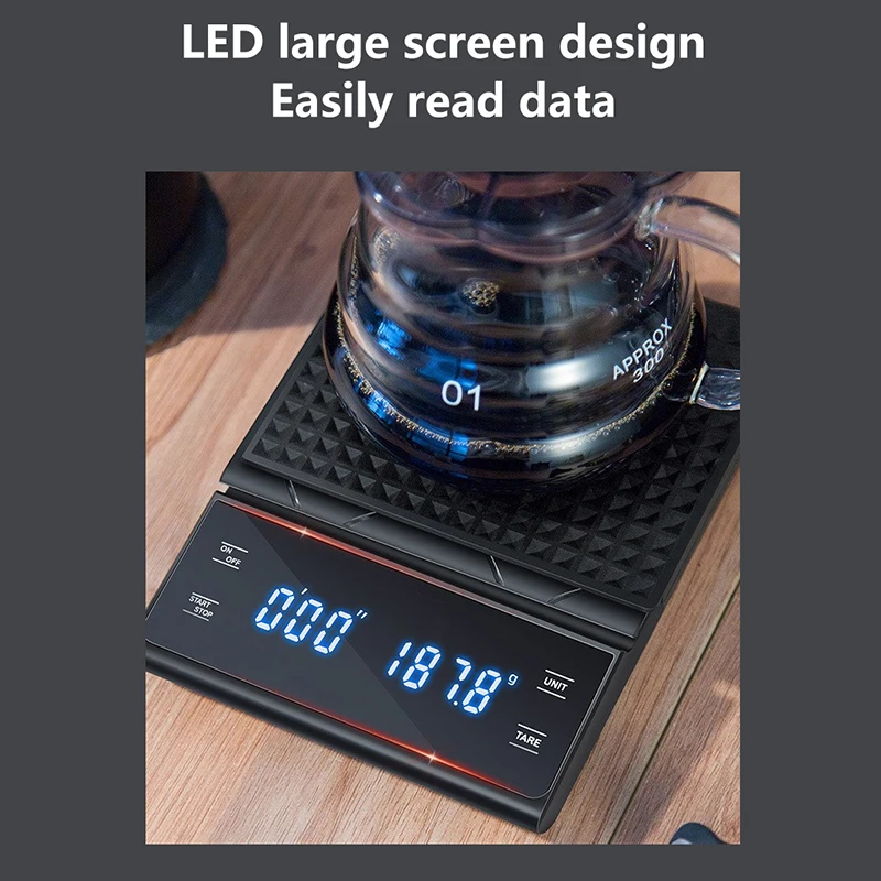 Digital Coffee Scale With Timer LED Screen Espresso USB 3kg Max.Weighing 0.1g High Precision Measures Kitchen Scale