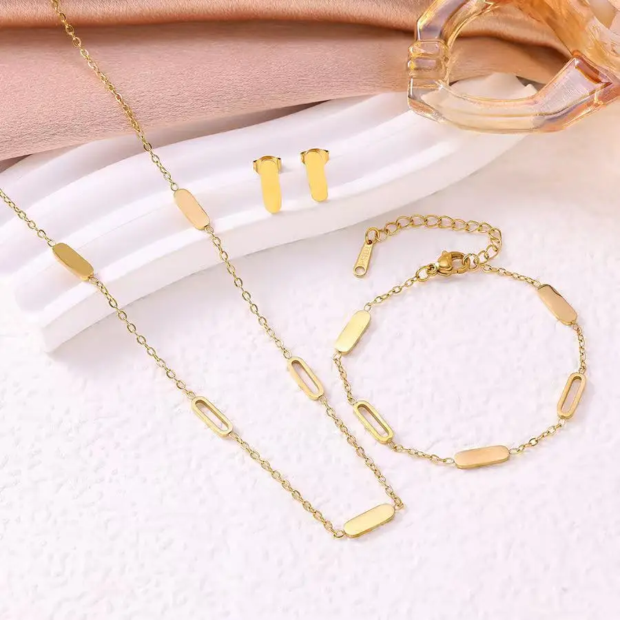 مجموعة مجوهرات هندسية مطلية بالذهب: قلادة + سوار + أقراط، مجوهرات ساحرة مستطيلة بسيطة، هدية عصرية للنساء"