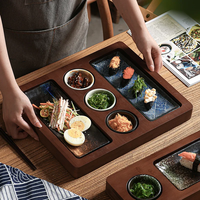 Bandeja de Bambú de Estilo Antiguo + Juego de Platos de Cerámica a Juego, Plato Japonés para Aperitivos, Frutas, Postres, Sushi, Pollo Frito, para el Hogar
