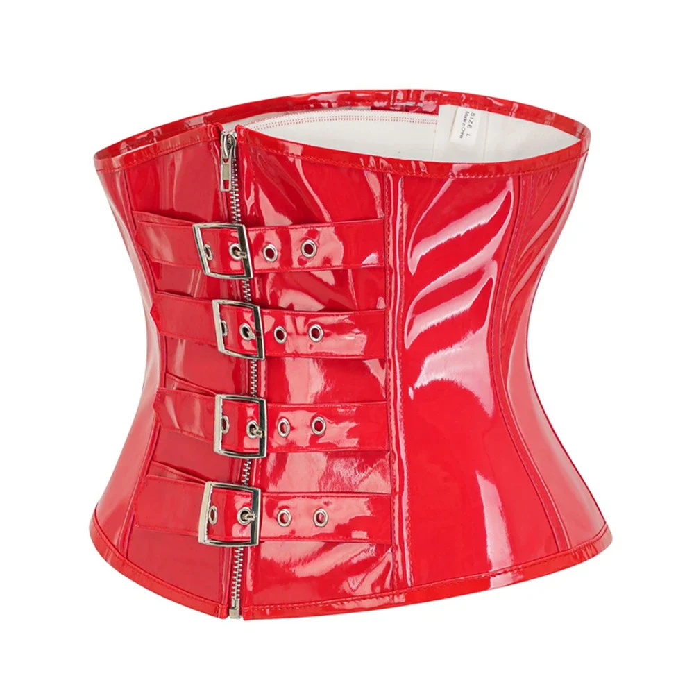 Red PVC Underbust Corset Women Steampunk PU Leather Buckle-up Bustier Top Vintage Zipper Waist Trainer Corselet