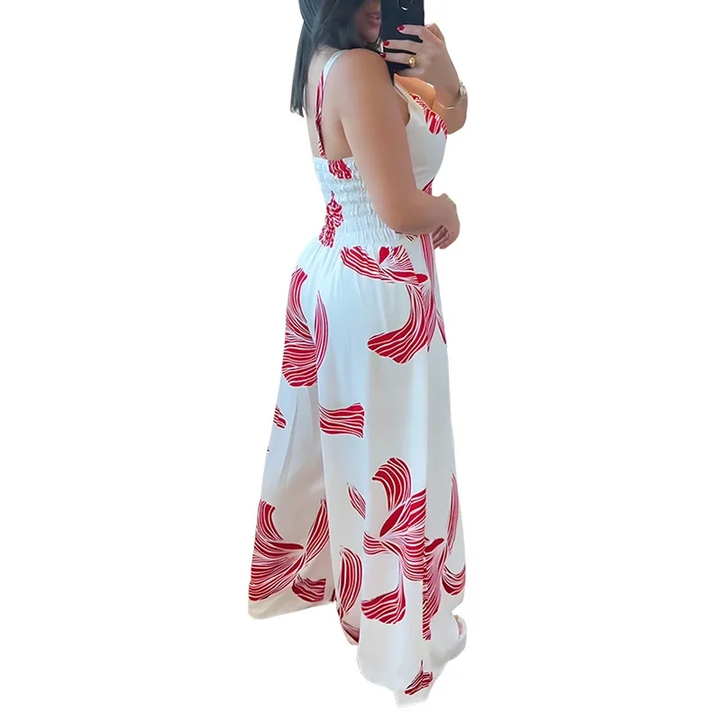LIBIELIY Elegant Sleeveless Hight Waist Playsuit 2025 Sexy Off Shoulder Wide Leg Jumpsuits Women Fashion Pattern Print Loose Lo