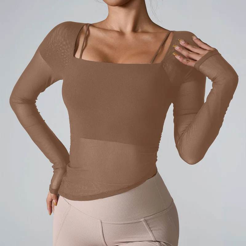 FUBEIKE Long Sleeve Yoga Wear Fashion Cloud Mesh Fixed Cup Sports Sportswear Woman Gym Female Clothing
