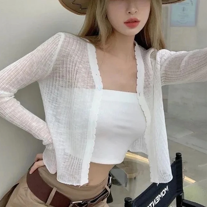 

Lightweight Sunscreen Shirt Women Crop Tops One Button Hollow Out Knit White Long Sleeve Cardigan Elegant Casual Shawl Coat