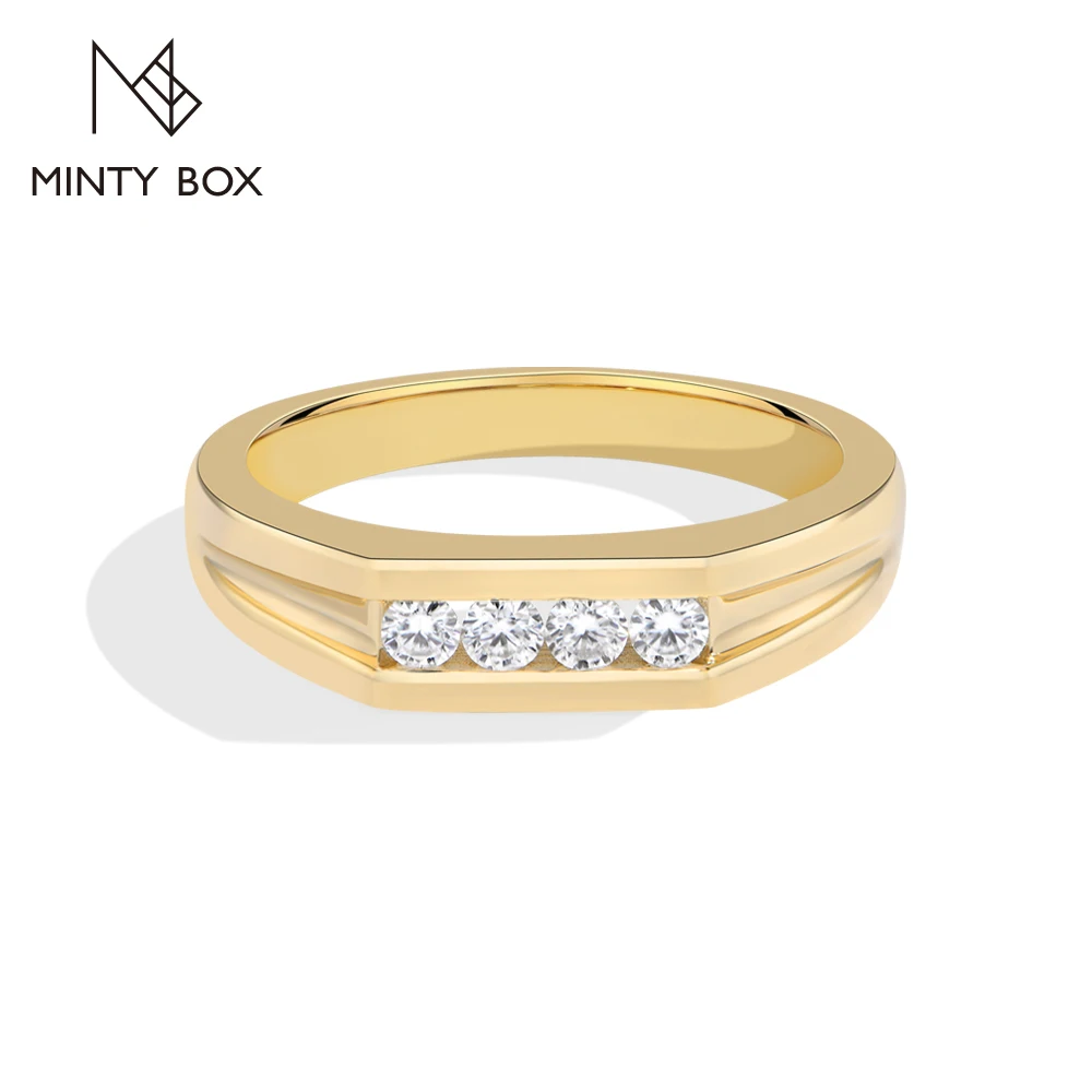 Mintybox Round Cut Moissanite Rings for Women Men S925 Sterling Silver 4 Stones Flat Band Classic Anniversary Gift for Boyfriend