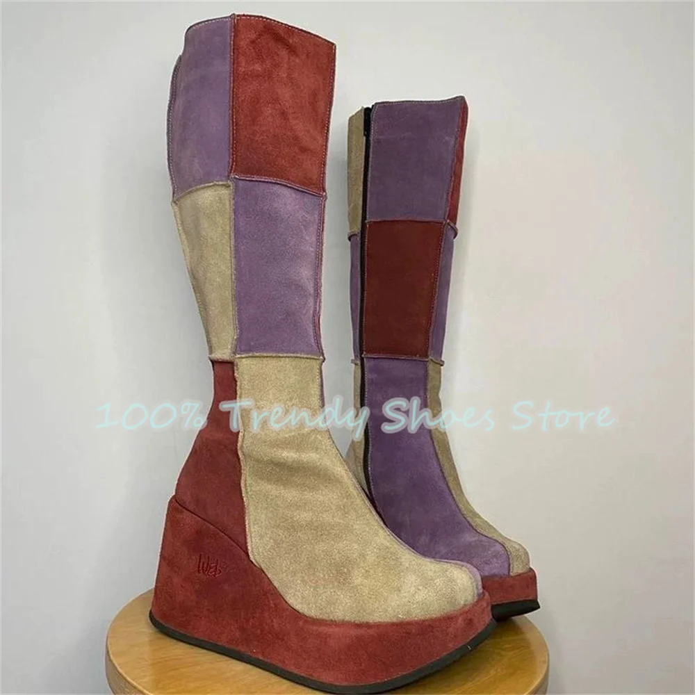 Mixed Color Geometry Splicing Knee High Boots Women Punk Chunky Platform High Heel Long Boots Lady Winter Outside Knight Boots