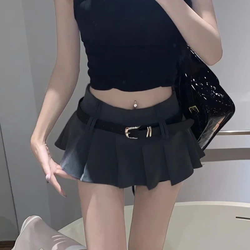 Geplooide minirok dames y2k preppy stijl effen kleur hoge taille een lijn rok met riem jaren 2000 feestrokken streetwear