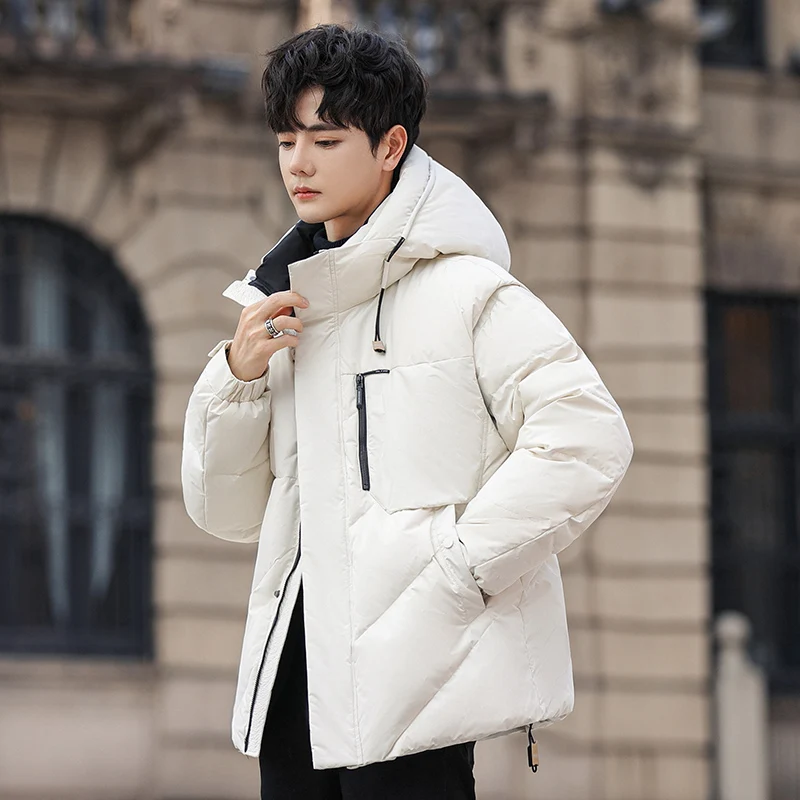 Fashion Men\'s Warm Hooded White Duck Down Jackets 2024 Winter Casual Windproof Solid Puffer Coat Outwear Loose Top Down Clothing