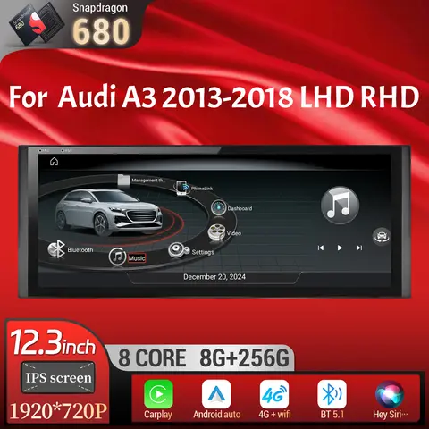 Audi A3 2013-2018 용 12.3 인치 안드로이드 14 차량용 라디오 무선 블루투스 Carplay Qualcomm Snapdragon 680 시스템 헤드 유닛 화면