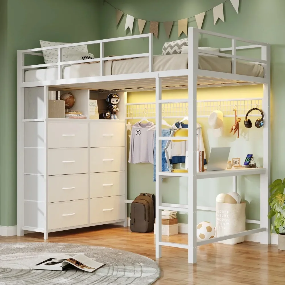 Twin Size Loft Bed with Desk and 8 Drawers and Charging Station, Metal Loft Bed Twin with LED Lights, Storage Shelves