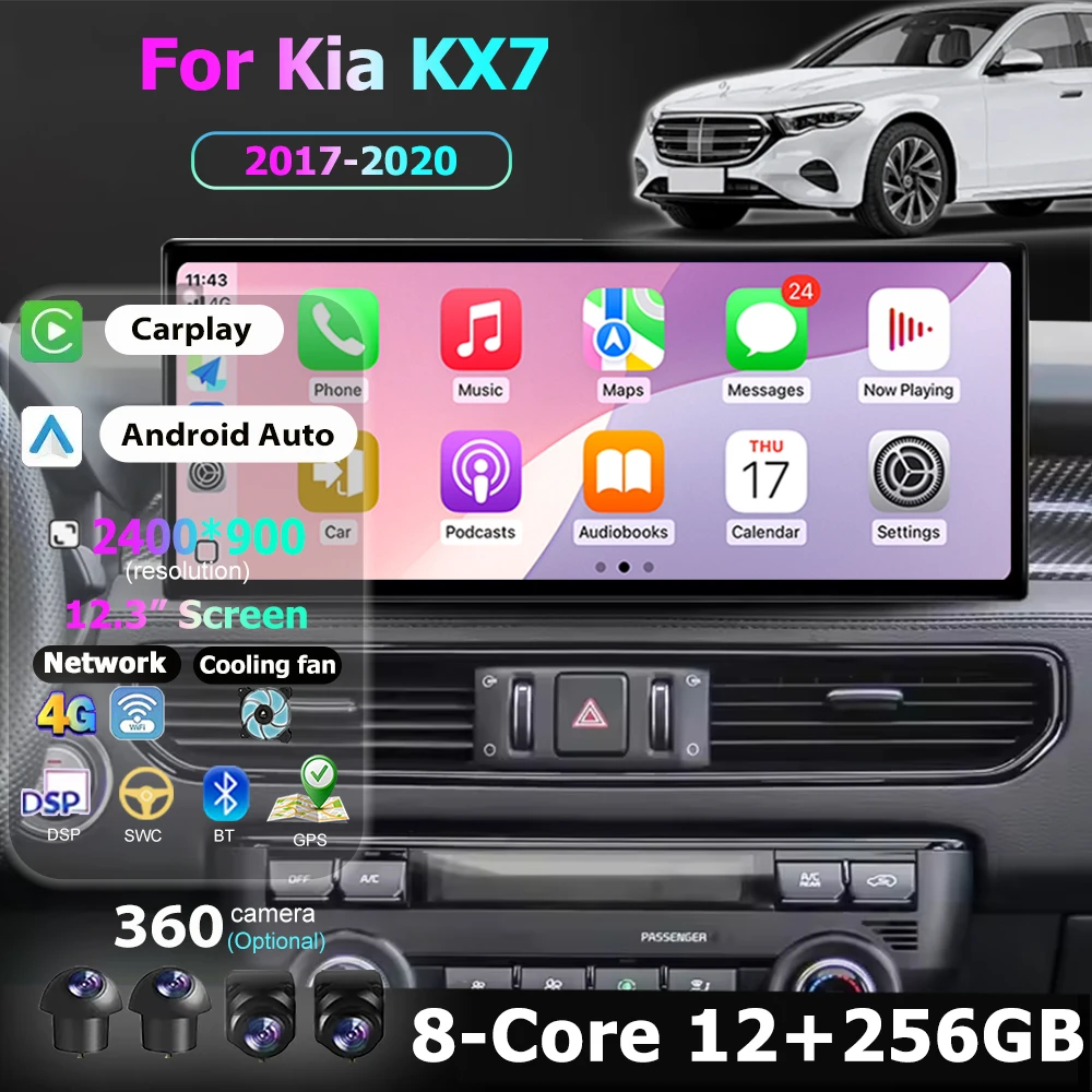 Android 16 BT Android Auto FM 2400*900P 12.3 Inch For Kia KX7 2017-2020 Stereo Car Radio Video CarPlay Multimedia WIFI FM