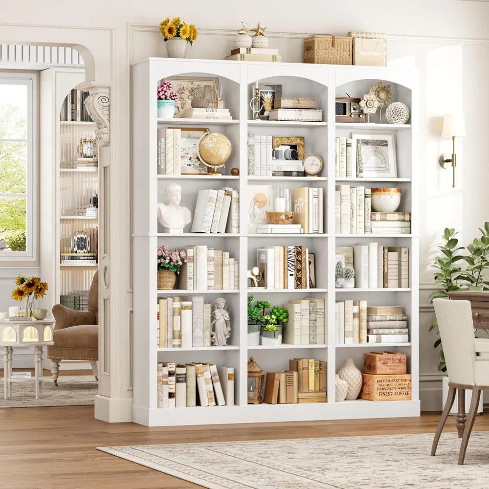 Rak Buku Putih Besar 6 Tingkat dengan Penyekat Melengkung, Lebar 63,4 inci, Kedalaman 18 inci, Solusi Penyimpanan Tinggi