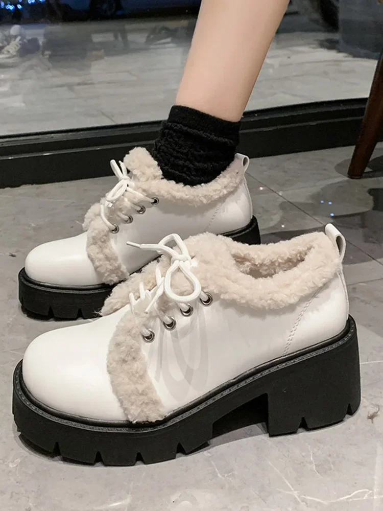 

Womens Derby Shoes Round Toe Casual Female Sneakers Autumn Loafers With Fur Leather Fall On Heels Winter Slip-on New High Basic