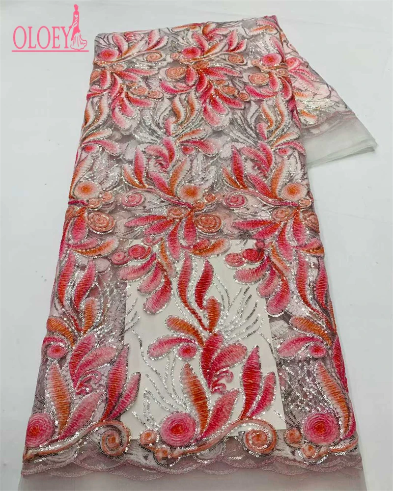 

OLOEY African Lace Fabric High Quality French Mesh Lace Fabric With Sequins Nigerian For Wedding Dress