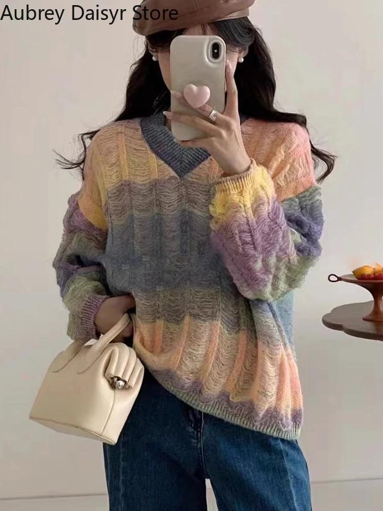 Mode V-Ausschnitt Regenbogen pullover Frauen koreanischen Stil elegante Langarm gestrickte Pullover lässig Vintage y2k Winter pullover