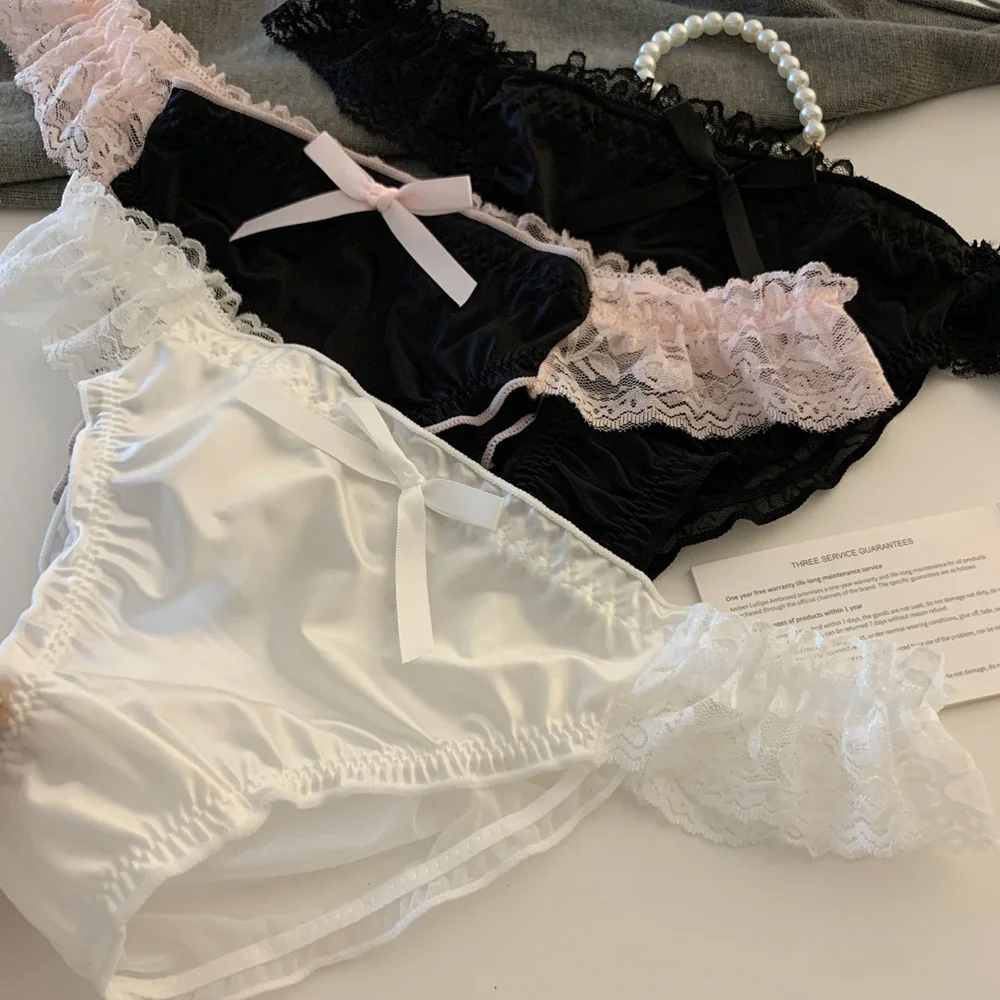 Dámské kalhotky s krajkou a volánky, sexy saténové spodní prádlo, dámské síťované duté kalhotky s nízkým pasem, prodyšné kalhotky s dlouhým rukávem, spodní prádlo - náhled 5