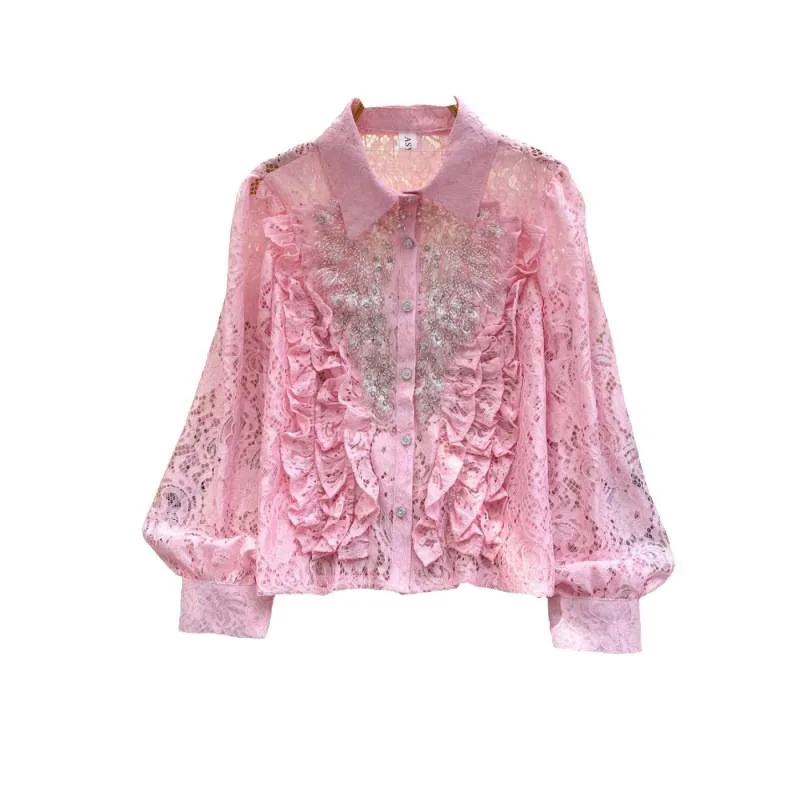 Franse stijl licht luxe socialite zwaar borduurwerk kralen pailletten shirt met lange mouwen voor dames, modieus veelzijdig hol