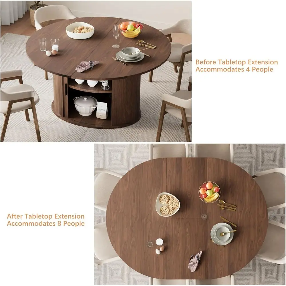 63 Walnut Expandable Oval Dining Table with 2-Tier Storage for 4-6 People