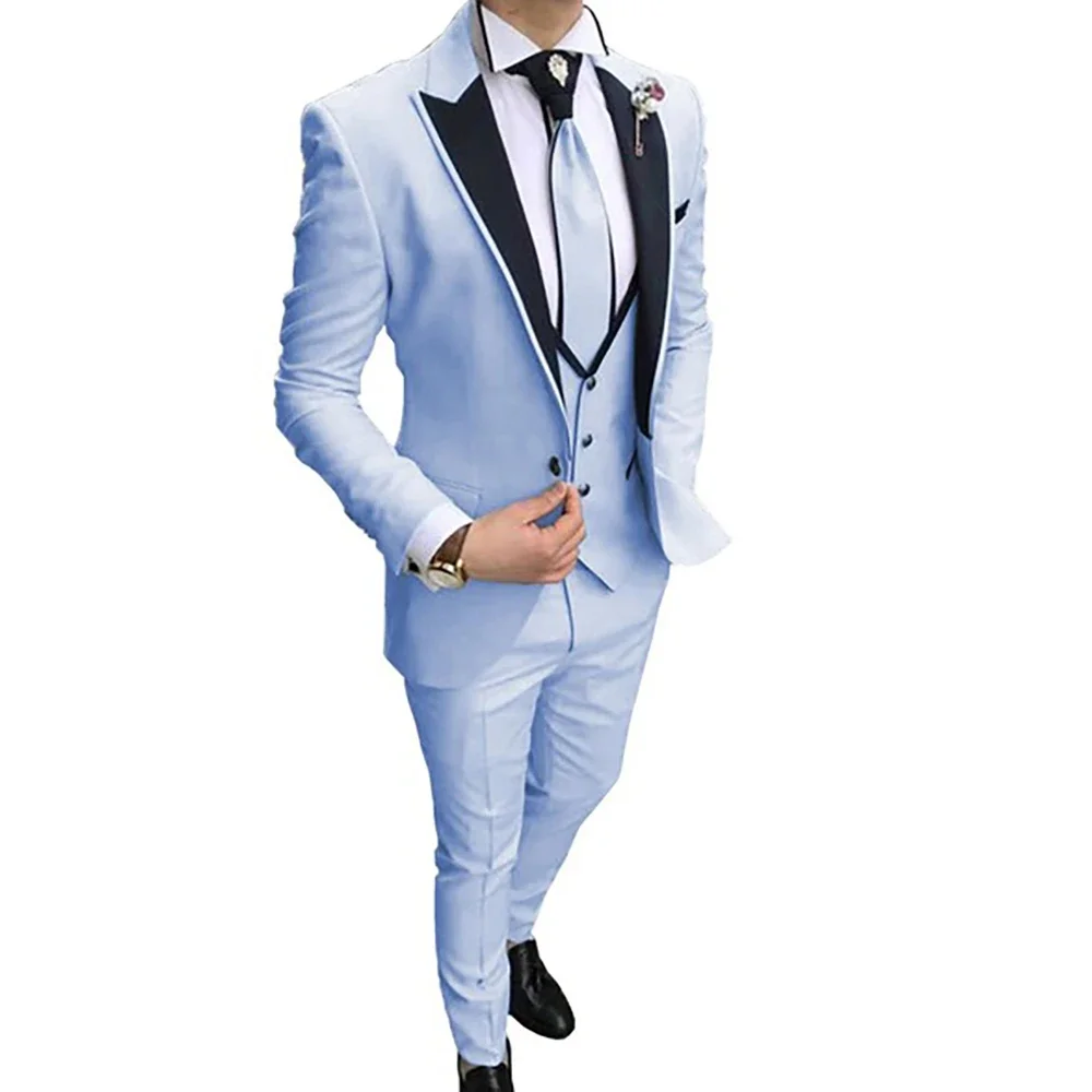 Chinese Red Male Suits For Boyfriend Wedding Black Peaked Lapel One Button Casual Wedding Party 3 Pieces Jacket Trousers Vest