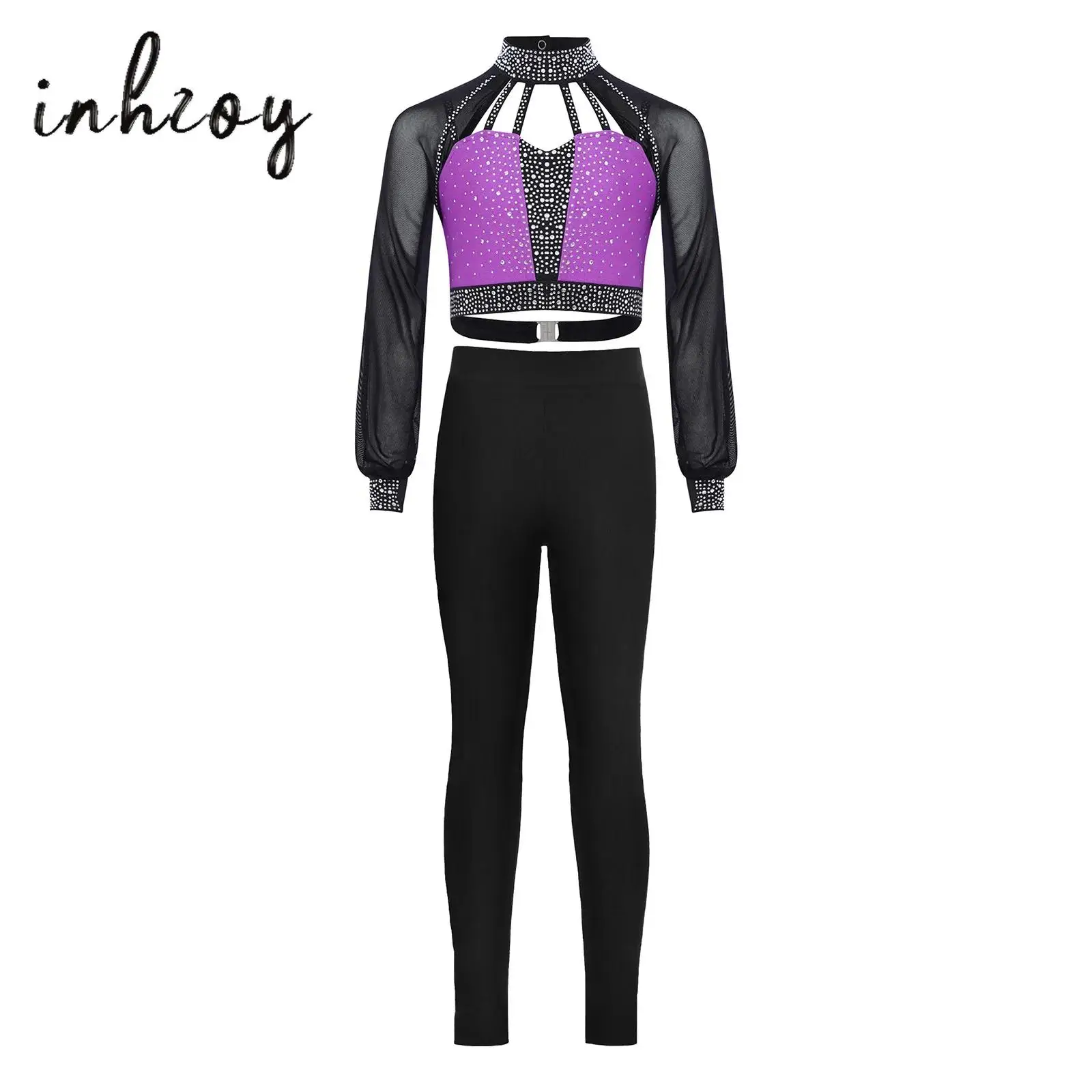 

2Pcs Kids Girls Gymnastics Figure Skating Dance Outfit Long Sleeves Cutout Back Strappy Shiny Rhinestone Crop Top+Leggings Pants