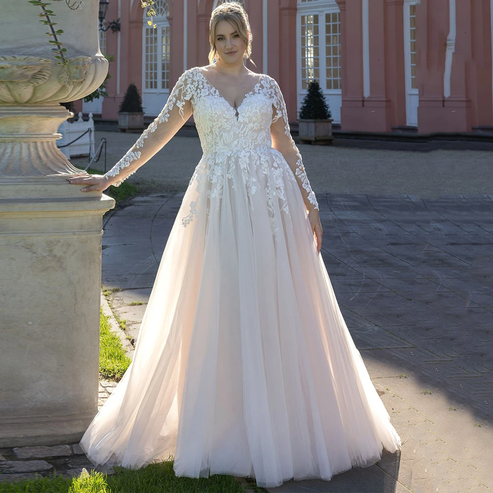 

Romantic Plus Size Tulle A-Line Wedding Dress with Applqiues Long Sleeves Lace V-Neck Zipper Back Bridal Gowns Customized
